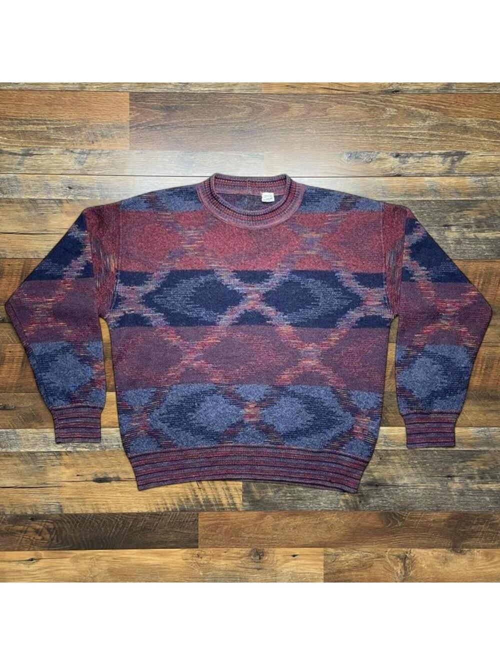 Vintage 90s Knit Aztec Sweater Size Medium Wool Crewneck Made in Italy